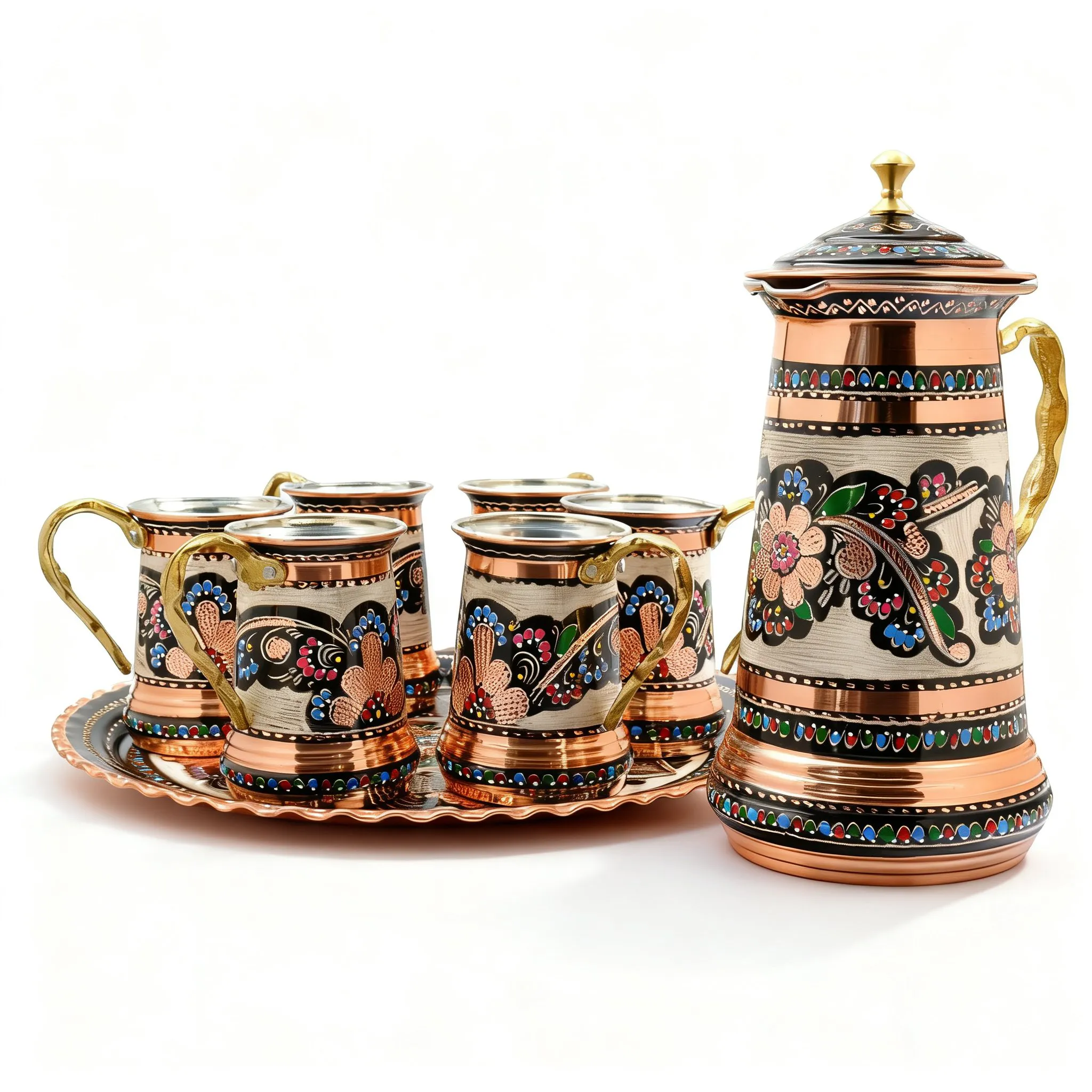 Kapaklı Bakır Sürahi ve Tepsili Bardak Takımı - Görsel 1