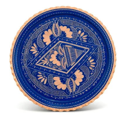 Bakır Yuvarlak Servis Tepsisi - Mavi, 35 cm